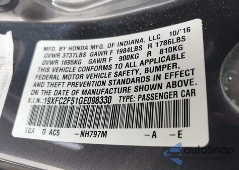 2016 Honda Civic Lx z USA, uszkodzony, nr VIN 19XFC2F51GE098330